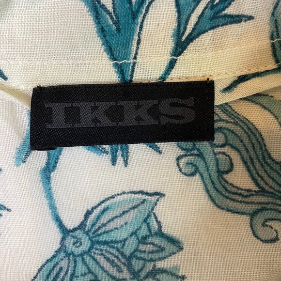 IKKS French Floral Linen Blouse Size L Long Sleeves Gauzy Collared Button Down - Picture 7 of 7